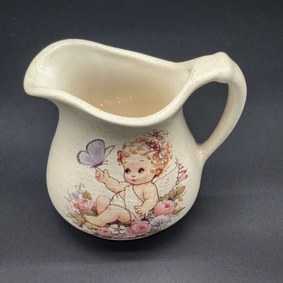 Arnel's Ceramic Creamer Speckled Baby Angle Butterfly Flowers Vintage - Picture 2 of 10